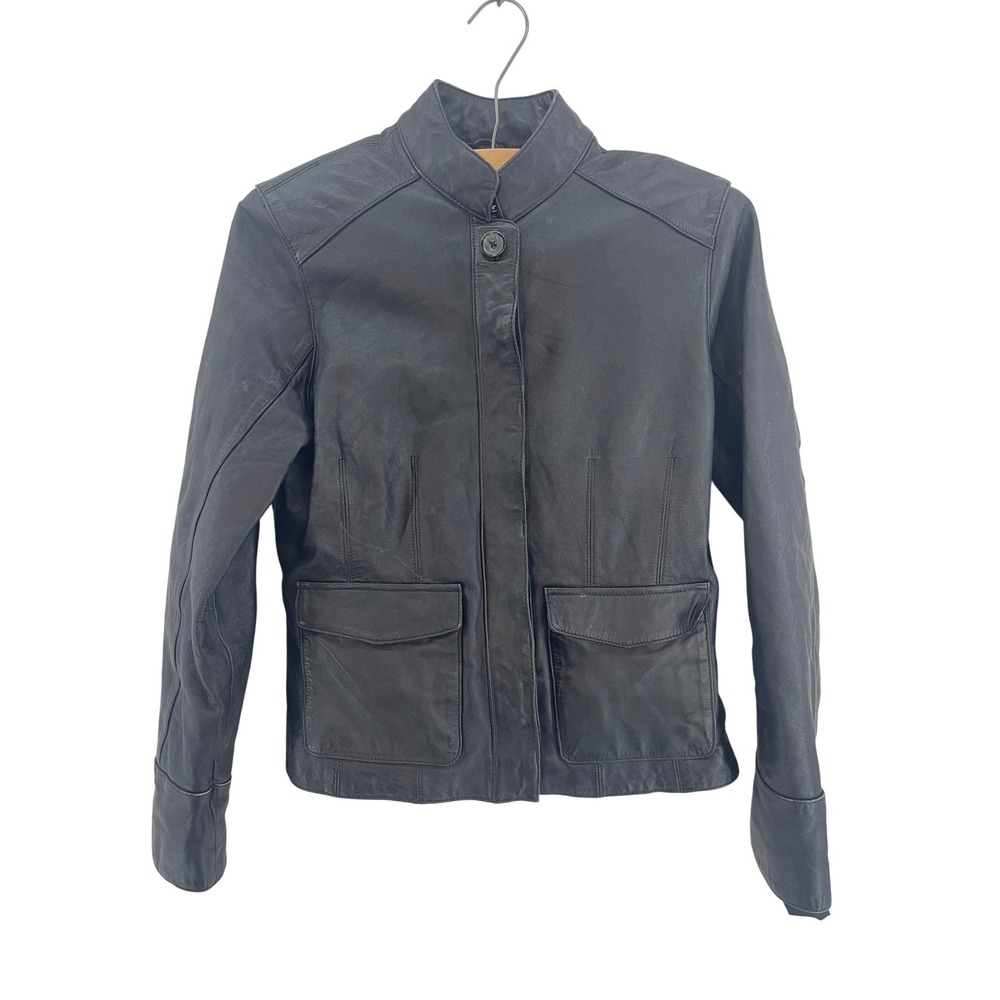 Mossimo Black Genuine Leather Jacket Womens XS S Mandarin Moto Biker Babe Vamp
